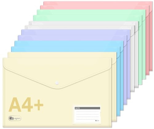 Lot de 12 Pochette Plastique A4+ Documents,6 Couleurs Transparente Pochette Plastique A4 avec Rabat, Farde Chemise à Bouton Pression avec Pochettes d’Étiquette pour Maison,Bureau,l'école,Voyage