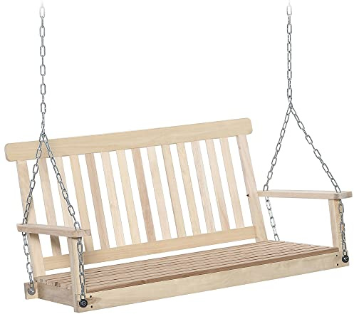 Outsunny Banc suspendu 2 places balançoire de jardin à suspendre, dossier et assise à lattes en bois, balancelle charge jusqu'à 200 kg, balançoire d'extérieur de porche, balcon, terrasse, bois naturel