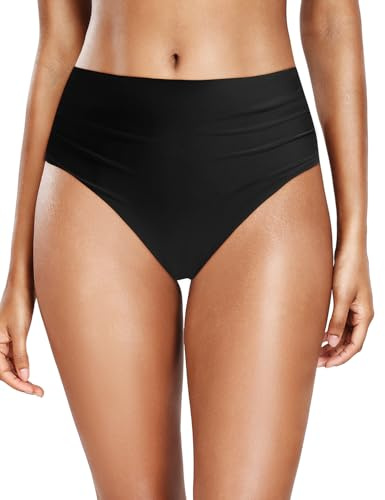 Daci Black Full Coverage Bikini Bottoms - Mid Rise Bathing Suit Bottoms for Women Tummy Control Swimsuit Bottom M