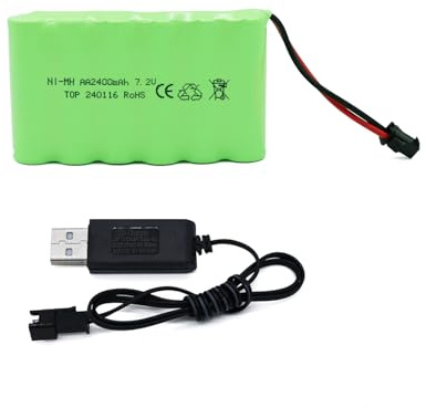 Tosiicop Batteria ricaricabile AA da 7,2 V 2400 mAh NiMH, con spina SM-2P a 2 pin e cavo di ricarica USB per RC camion, auto, barca, ad alta velocità, auto, veicoli (7,2 V 2400 mAh)