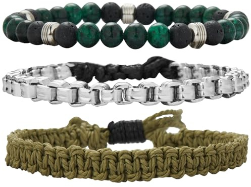 Dazylleco Bracciale Uomo Set Braccialetti in Pelle e Corda Intrecciata e Perline Bracciale Multistrato Regolabile Gioielli Regalo per Festa del Papà(82-Green)