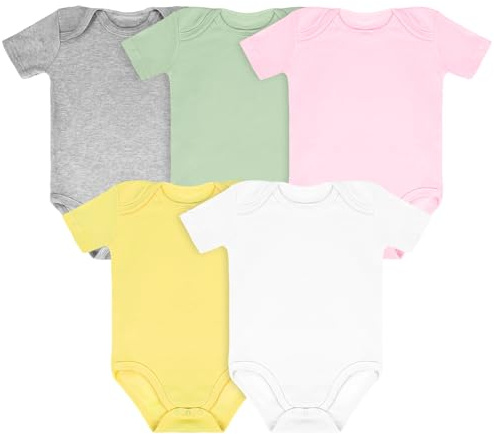 Vicloon Set di 5 Body Neonato e Neonata, Body a Maniche Corte in 100% Cotone, con Comoda Apertura, Unisex 9-12 Mesi, Idee Regalo Nascita (Colori Solidi)