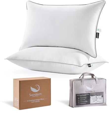 Swandream Goose Feather and Down Bed Pillows Queen Size Set of 2, Luxury 3-Chamber Pillows with Soft & Down-Proof Cover, Fluffy Plush Hotel Bed Pillows for Side, Back & Stomach Sleepers