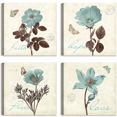 LuxHomeDecor Set di 4 Quadri Floreali 30x30 cm – Stampa su tela con telaio in legno - Stile Vintage – Stampe Botaniche Shabby Chic - Decorazione Casa, Soggiorno, Camera da Letto