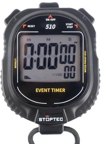 Stoptec 510 - Cronómetro con pantalla grande de 1 línea, mecanismo de puntos de presión, pantalla y sonido encendido y apagado, resistente al polvo y al agua (IP67)