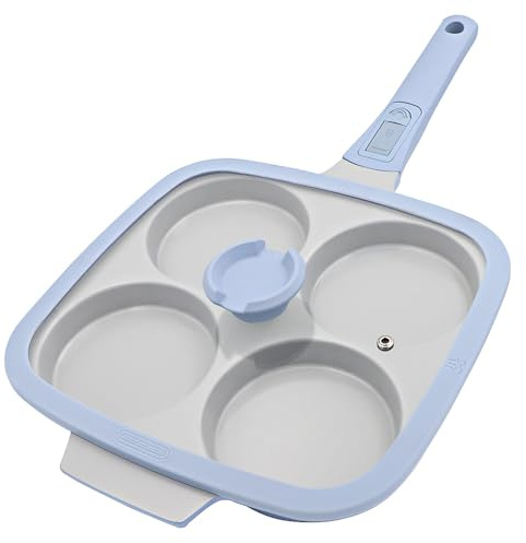 RANX INGST Grande Poêle à Pancakes en Céramique 26 x 24 cm avec Couvercle | Poêle à 4 Emplacements Antiadhésive avec Couvercle et Poignée Amovible pour Tous Feux Dont Induction