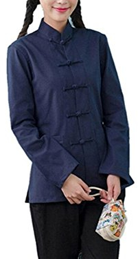 Lazutom Chemise en lin à manches longues pour femme Style chinois Kung Fu Tai Chi Tang, bleu, XXL