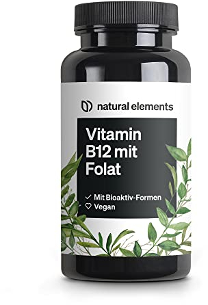 Vitamine B12-180 comprimés végétaliens pour 6 mois - 500µg de vitamine B12 et 200µg d'acide folique - hautement dosé, sans additifs inutiles - produit en Allemagne & testé en laboratoire
