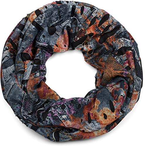 styleBREAKER Loop Schal im Splat Style mit Klecksen und Zeichen im Destroyed Vintage Look, Unisex 01016119, Farbe:Anthrazit-Orange-Violett