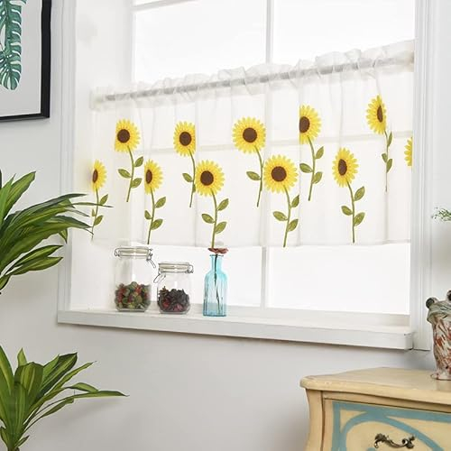 Devola Scheibengardine Pastorale Art Flächenvorhang transparente Kurzgardine Sonnenblume Besticke Bistrogardine Landhaus Küchengardine Balkongardine Kurzstore HxB 60x90cm Weiß 1er Pack