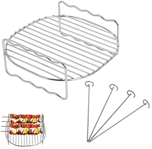 Air Fryer Rack Compatible with Tefal 4.2L Cosori 3.5L/3.8L Salter 4.5L Tower 4L Ninja 3.8L Philips 4.1L Air Fryer Accessories 304 Stainless Steel Double Layer Rack with 4 Skewers by Gekufa