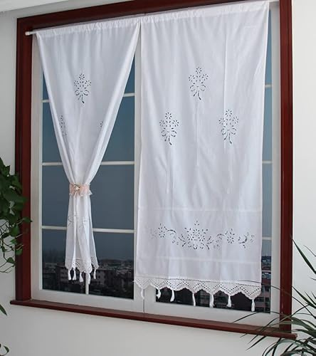 Yulakes Cortina de cocina con bordado de lino blanco, cortina de cocina/cortina corta de cocina/café corredera, cortina de comedor con borde de 70 x 150 cm (1 unidad)