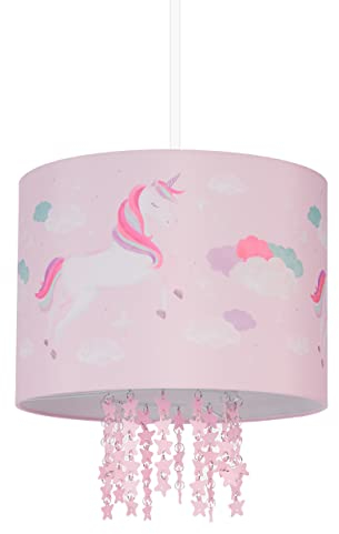 Relaxdays Hängelampe Kinderzimmer, Lampenschirm mit Einhorn-Motiv, HxD: 158 x 35 cm, E27, Pendelleuchte für Kinder, rosa