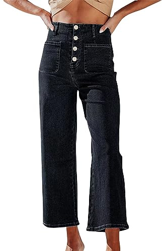 Pantalon court en jean pour femme, coupe maman, confortable, en coton bio extensible, taille haute, boutons de contrôle du ventre, coupe ample, droite, jambe large, pantalon en jean sur mesure avec