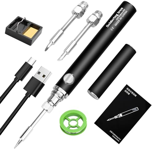 Lötkolben Set, USB Akku Lötkolben mit 3 Temperatur Einstellbar 330℃-450℃,3 Lötspitzen, Lötkolbenständer, Lötdraht, KKMOL Professionelles Sicheres Komplettes Lötkolben - Schwarz