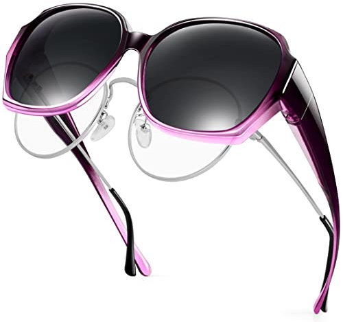 URUMQI Überzieh Sonnenbrille für Brillenträger Damen, Polarisierte Überbrille Sonnenbrille über Normale Brille, Quadratisch Sonnenbrillen Fit over Sunglasses mit UV400 Schutz für Frauen Lila Rahmen