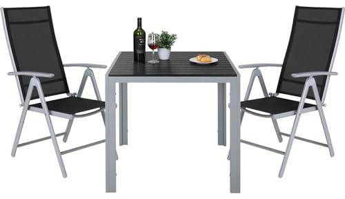 LIFERUN Set Giardino Esterno 3 Pezzis, Aluminium Tavolo da Giardino con Sedie, Tavolo e Sedie da Balcone, 2 Sedie Pieghevoli e Tavolino 75x75 cm, Salottino da Giardino Esterno 2 Posti, Grigio argento