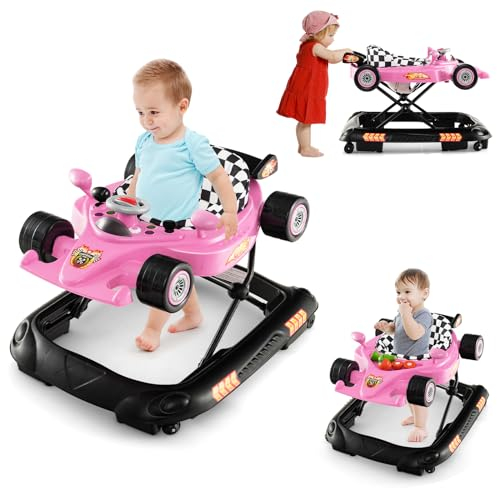 COSTWAY 4 in 1 Baby Lauflernhilfe, Lauflernwagen Autoförmig mit verstellbarer Höhen & abnehmbarem Spieltablett, Baby Walker klappbar mit Musik, Licht & Rädern, Gehfrei Baby ab 6 Monate (Rosa)