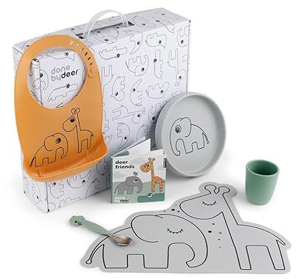 Done by Deer Geschenkbox Dinnerset Farbmix - Kinder Geschirr-Set mit Silikon Kinderteller, einen Silikon mini Trinkbecher, ein Silikonlätzchen, eine Platzdeckchen und einen Easy-grip Löffel