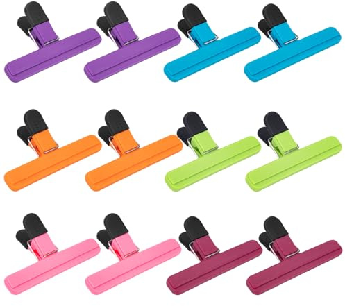 OWLKELA Chip Clip, 12 Pack Colors Wide Open Bag Clips for Food Storage, Heavy Duty Seal Grips Plastic Food Clips For Snack, Food Packages (6 inch x 3.4 inch)
