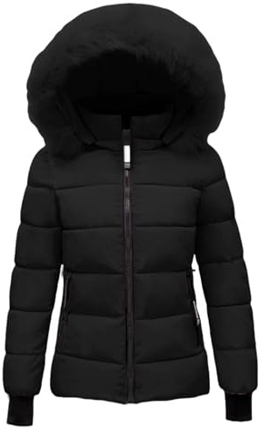 Winter Faux Fur Coats for Women Uk - Ladies Short Quilted Padded Puffer Jacket, Womens Winter Down Coat, with Luxurious Soft Faux Fur Hood, Zip Pocket, Windproof Collar & Elastic Cuffs, Warm Outwear