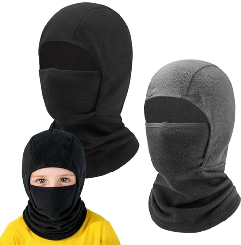 Solivive 2 Pcs Cagoule d'hiver Thermique pour Enfants(Noir + Gris), Multifonction Coupe-Vent Cagoule Ski Enfant, Masque de Ski Bonnet avec Cache-Cou pour Garçons et Filles
