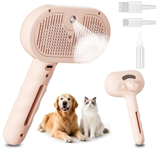 Spazzola a Vapore per Gatti, Spazzola Spray Multiuso per Cani e Gatti per la Perdita Del Pelo, Toelettatura Massaggiante, per Tutti Gli Animali a Pelo Lungo e Corto, Rosa