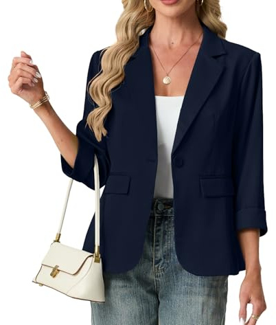 GRECERELLE Blazers for Women Suit 3/4 Sleeve Ladies Jackets Elegant Formal Notched Lapel Cardigans Office,Work,Wedding Coats Causal Outerwear with Pockets, Buttons (Navy Blue, 20)