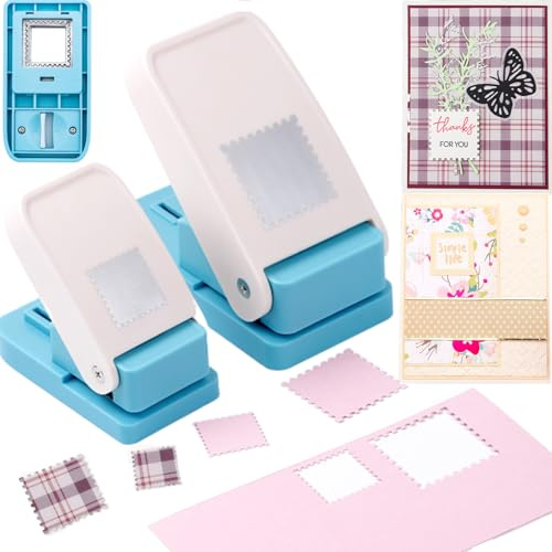 2 Pcs Square Stamp Punch, 1.5 Inch & 1 Inch Stamp Puncher, Stamps Shaped Paper Punch, Lever Postcard Paper Punches for Crafting, Journal Postage Stamps Cutter Hole Punches for Scrapbooking Journaling