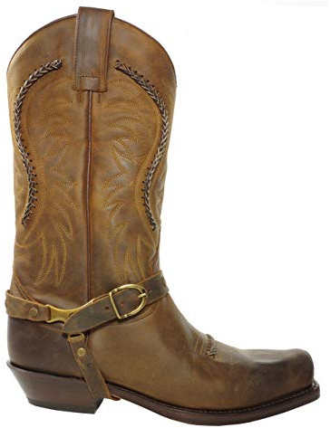 Sendra Boots 3434 Sam Marrón Biker Cowboy Western Botas Unisexo Vaquero Tacón Inclinado Punta Cuadrada Mimbre Sobre Empeine y Eje Cuero Genuino Hecho A Mano Talla 42