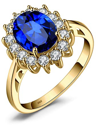 JewelryPalace Princess Diana Kate Middleton Class Gemstone Birthstone Sapphire Halo Engagement Rings for Women, Anniversary 14K White Yellow Rose Gold Plated 925 Sterling Silver Promise Rings for Her