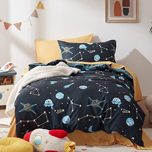 Sonive Kinderbettwäsche 100x135cm+40x60cm Bettwäsche-Set for Kinderbettchen Mikrofaser UFO Kosmisches Radio Konstellation Mond Meteor, Blue Galaxy, 1 Bettbezug und 1 Kopfkissenbezug