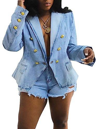 Angsuttc Jean Jacket Women Casual Business Double Button Long Sleeve Slim Fit Work Suit Blazers Light Blue XXL