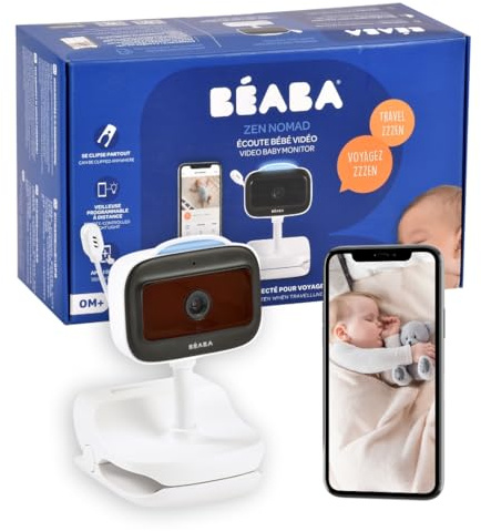 BEABA, Baby Monitor Video Wireless Con Clip, Visione Notturna, App Mobile, Luce Notturna Colorata, Walkie Talkie, Ninne Nanne, Termometro Controllo Dell'umidità, 6 Ore Betteria, Zen Nomad Bianco