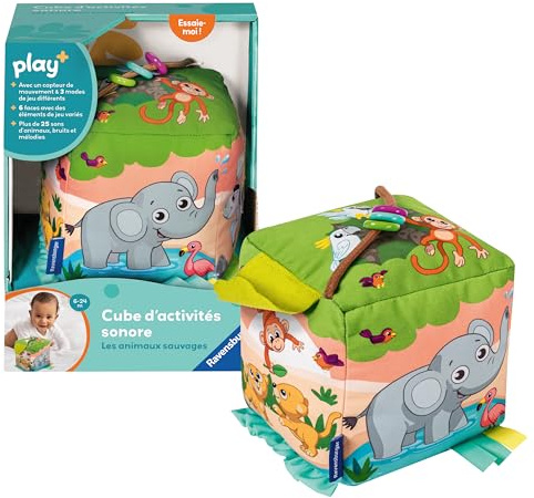 Ravensburger Play+ - Cube d'Activité Bébé Sonore Animaux Sauvages 6 Mois - Cube Activité Bébé Éveil Musical Sensoriel - 3400
