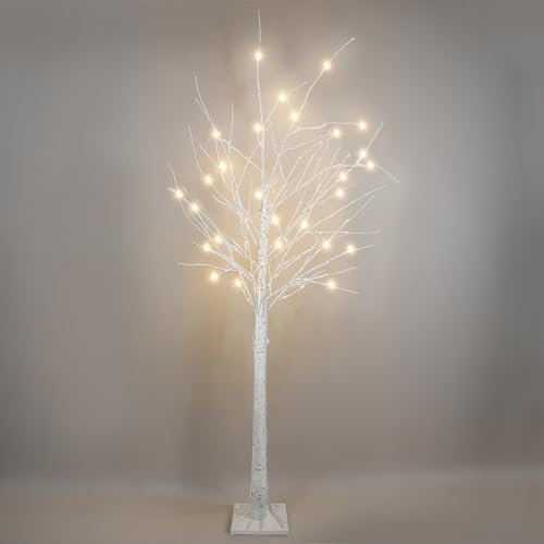 GloBrite 6ft Pre-Lit Twig Christmas Tree with 128 Warm White LEDs - White Birch Design, Bendable Branches, Indoor & Outdoor Christmas Decorations