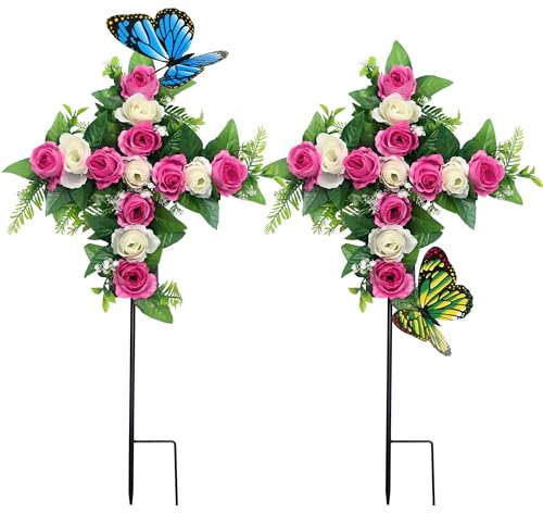 Hibsotco Artificial Cemetery Flowers,Set of 2 Faux Floral Cross,Artificial Rose Bouquet Decoration for Cemetery Headstones Gravesites,Silk Flowers for Long-Lasting Remembrance (Pink)