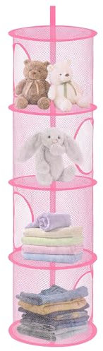 APOMOONS Hanging Mesh Storage Basket, Foldable 4 Tier Hanging Teddy Storage Net, Compartments Soft Toy, Small Toy Storage Bag for Cuddly Toys Clothes Sundries(A) (Pink)