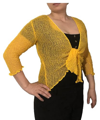 Suit and Suit Women’s Bolero Shrug Fish Net Knitted Tie Up Top Ladies 3/4 Sleeve One Size Fits All (UK, Numeric, 8, 20, Regular, Regular, Mustard)