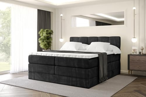 ALTDECOR Boxspringbett mit Matratze und Lattenrost, Topper, Polsterbett mit Bettkasten, Bett mit Stauraum H3- und H4- Matratze, Doppelbett, Springboxbett -LIRO KING-200x200 - Schwarz Casablanca