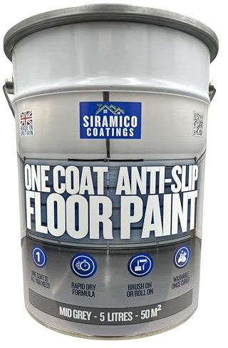 SIRAMICO COATINGS One Coat Anti-Slip Floor Paint | 5 Litres | 5 Modern Colours I Waterbased, Quick Drying Formula | White, Black, Greys (Mid Grey, 5 Liters)