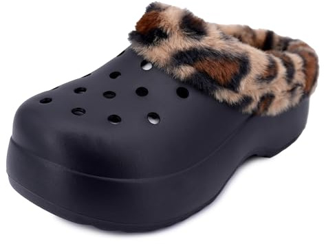 JOMIX Pantofole Donna Invernali con Pelliccia Ciabatte Gomma EVA Zeppa Leggera Antiscivolo Sabot Zoccoli da Esterno e Casa Stile Animalier Leopardato Ideali per Parquet e Piastrelle