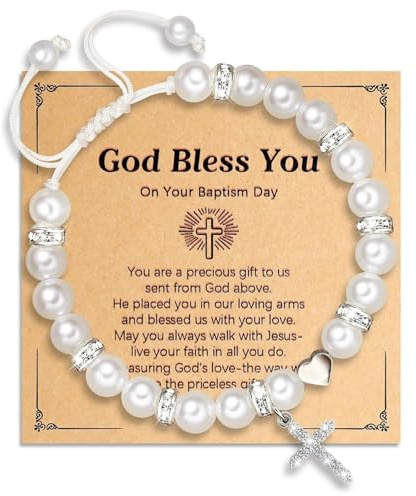 Plorede Pink White Pearl Bracelet for Girls, Adjustable Cross Beaded Holy Communion Baptism Gifts with Message Card, Confirmation Gifts for Girls Birthday Wedding Christmas