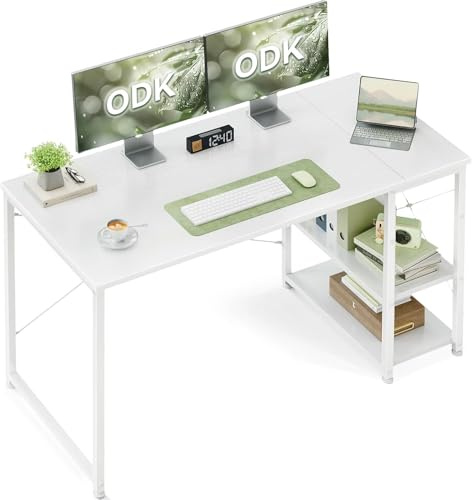 ODK Bureau d'Ordinateur avec Étagère Réversible, 120x48cm, Blanc
