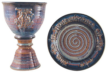 Chalice & Paten Set - Wheat & Grapes - Stoneware - Pastel Blue