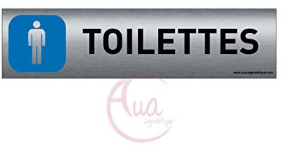 AUA SIGNALETIQUE - Plaque de porte Aluminium brossé imprimé AluSign - 200x50 mm - Double Face adhésif au dos - Impression UV directement sur l'aluminium (Pas de contre collage) (Toilettes Homme)