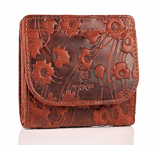 MATADOR Mini Portemonnaie Damen Leder Wien Mini Wallet mit edler Geschenk Box, Eleganter Kleiner Geldbeutel Damen mit RFID Blocker, Luxus Geldtasche Klein mit vielen Fächern in Braun Blumen