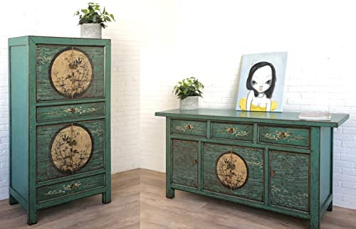 OPIUM OUTLET Conjunto de muebles chinos Aurora de estilo asiático, estilo shabby chic, vintage, color verde esmeralda, cómoda, armario de boda, estilo oriental asiático