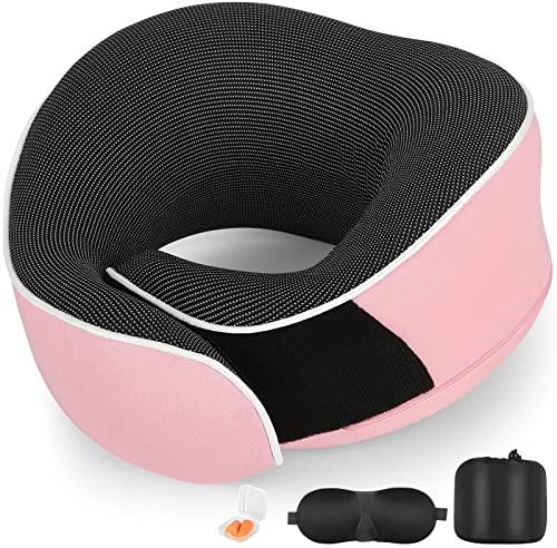 AYhome Cuscino da Viaggio per Aereo 360° – Memory Foam – Adatto per voli a lunga percorrenza – Utilizzabile da uomini e donne adulti con maschera per gli occhi e tappi per le orecchie – Rosa
