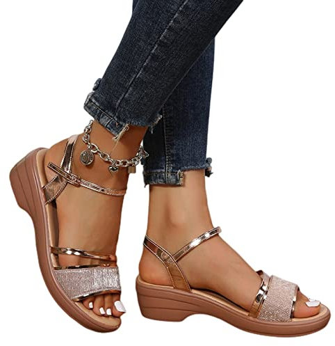 COTCLO Sandalias de verano con cuña de tamaño grande para mujer, sandalias de tacón con plataforma dorada, sandalias de verano para mujer, sandalias de mujer, color dorado, 37